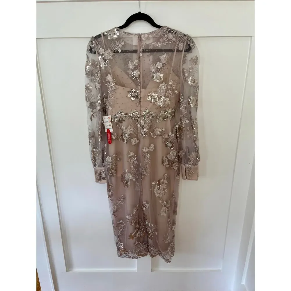 NEW NWT Mac Duggal 70237 Beige Embellished Long Sleeve Midi Dress Mocha Size 4 - Picture 3 of 6